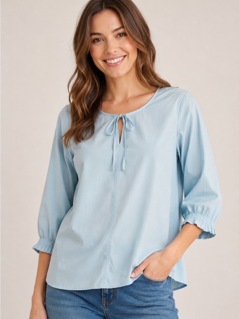 Martha Stewart Women's Light Blue Tie-Neck Peasant Blouse M